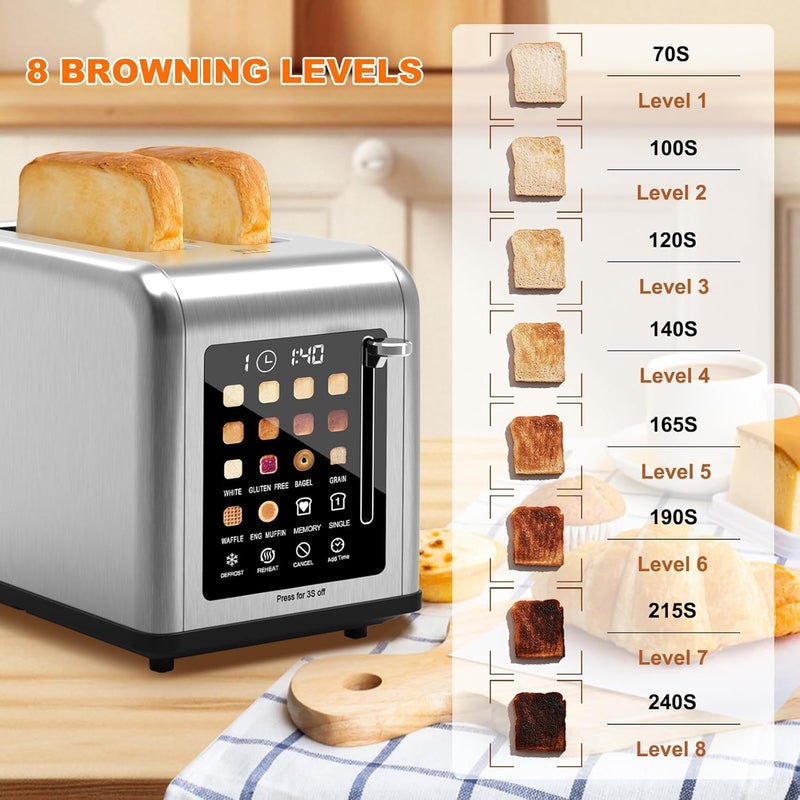 Clixane 2 Slice Toaster Touch Screen, Stainless Steel Toasters Digital Timer 2 Slot Toasters, 8 Shade Settings 6 Bread Types for Bagel, Cancel, Defrost（Stainless Steel） - Image 2